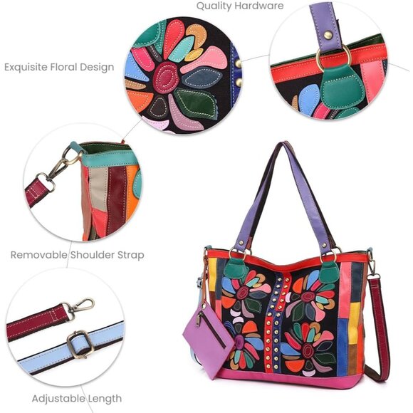 Women Leather Tote Bag Large with Zipper Floral Patchwork Stylish Purse - Picture 4 of 6